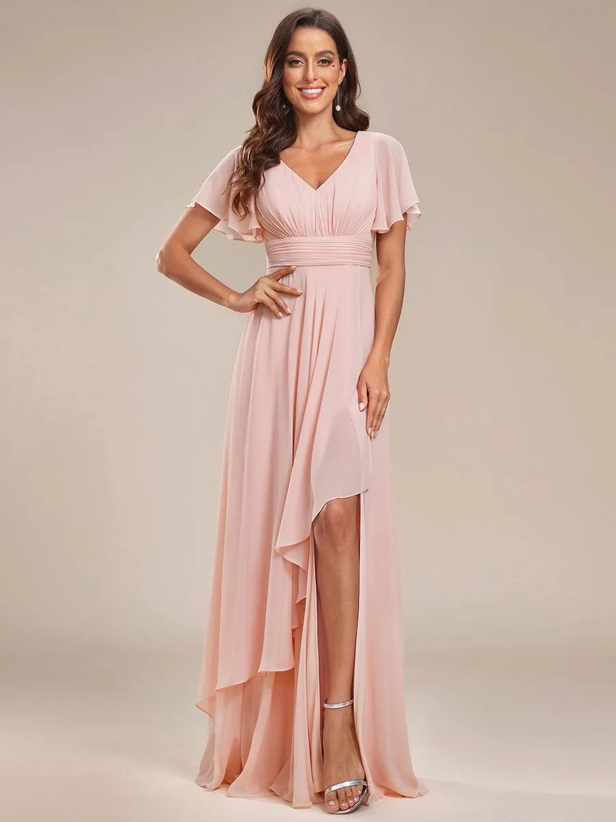 Ruffles Sleeve High Slit with Louts Leaf Chiffon Evening Dress