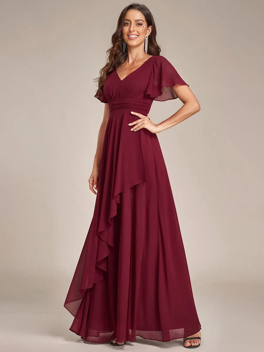 Ruffles Sleeve High Slit with Louts Leaf Chiffon Evening Dress