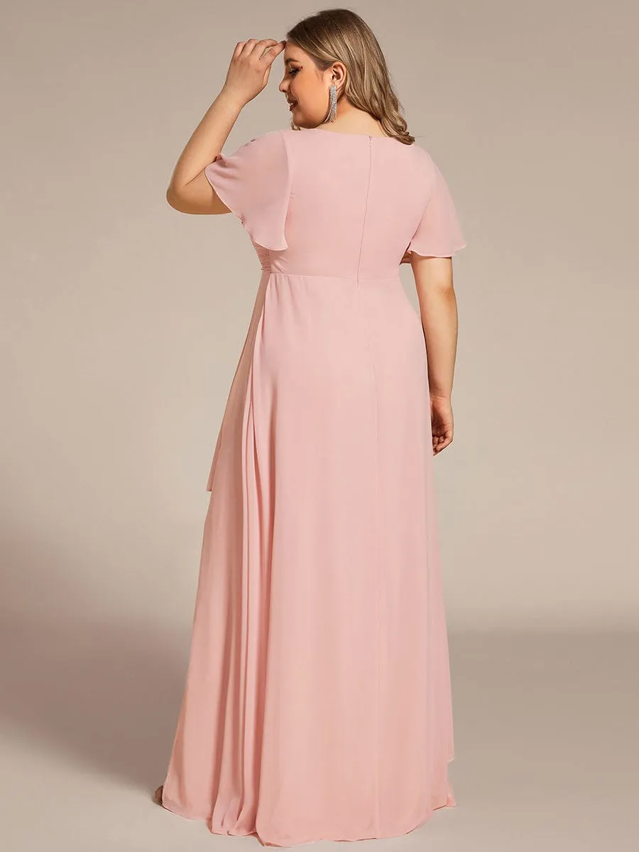 Ruffles Sleeve High Slit with Louts Leaf Chiffon Evening Dress