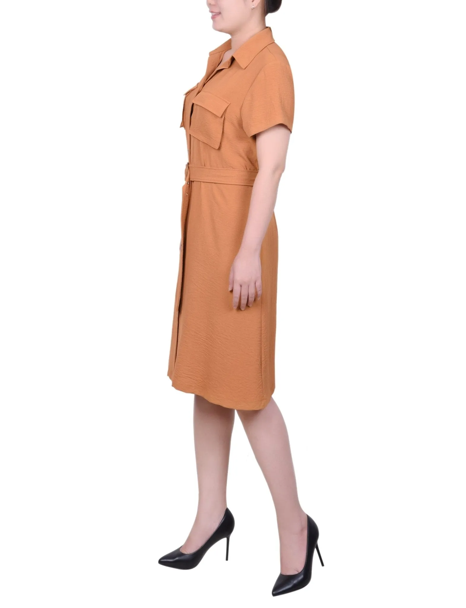 Short Sleeve Belted Shirtdress - Petite