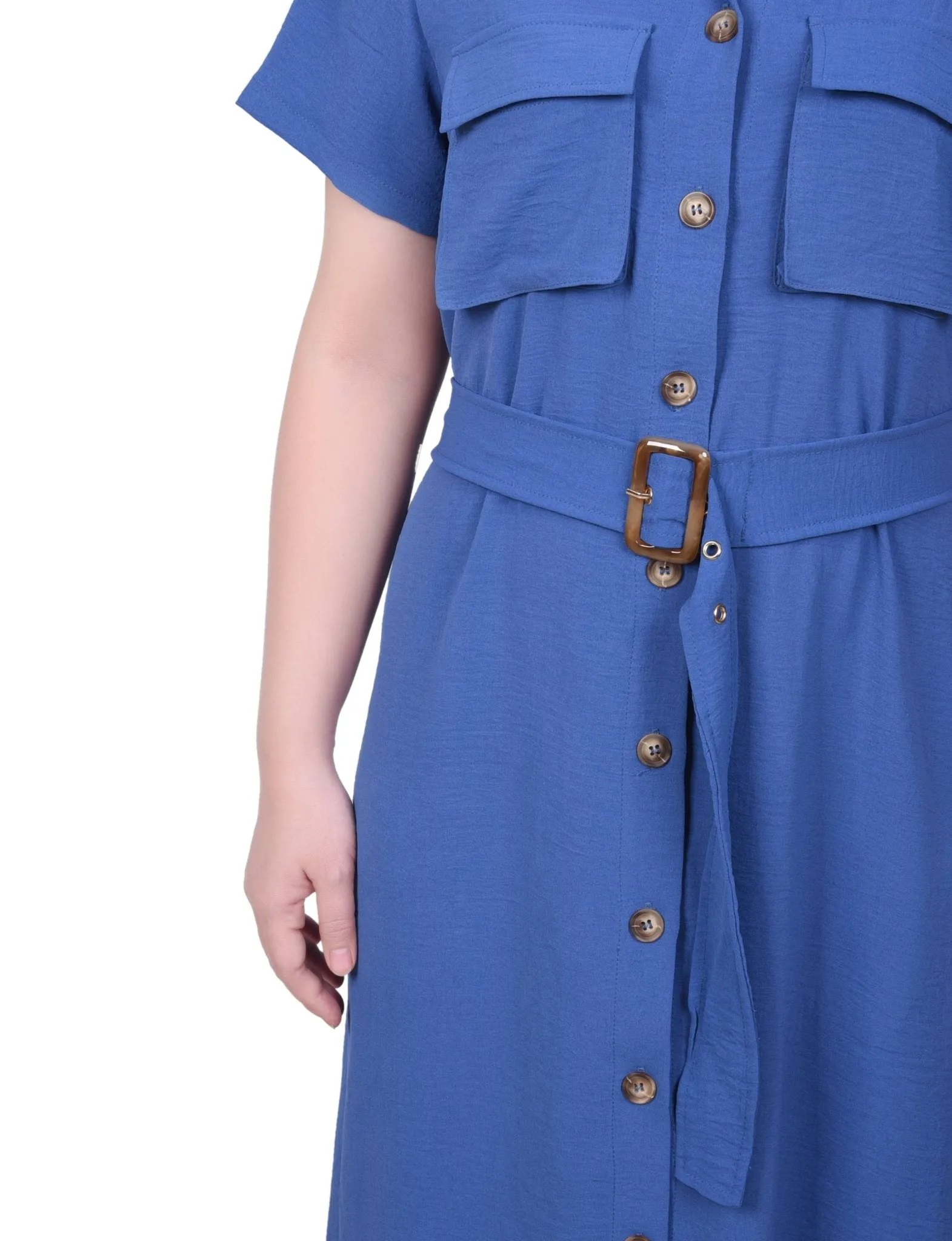 Short Sleeve Belted Shirtdress - Petite