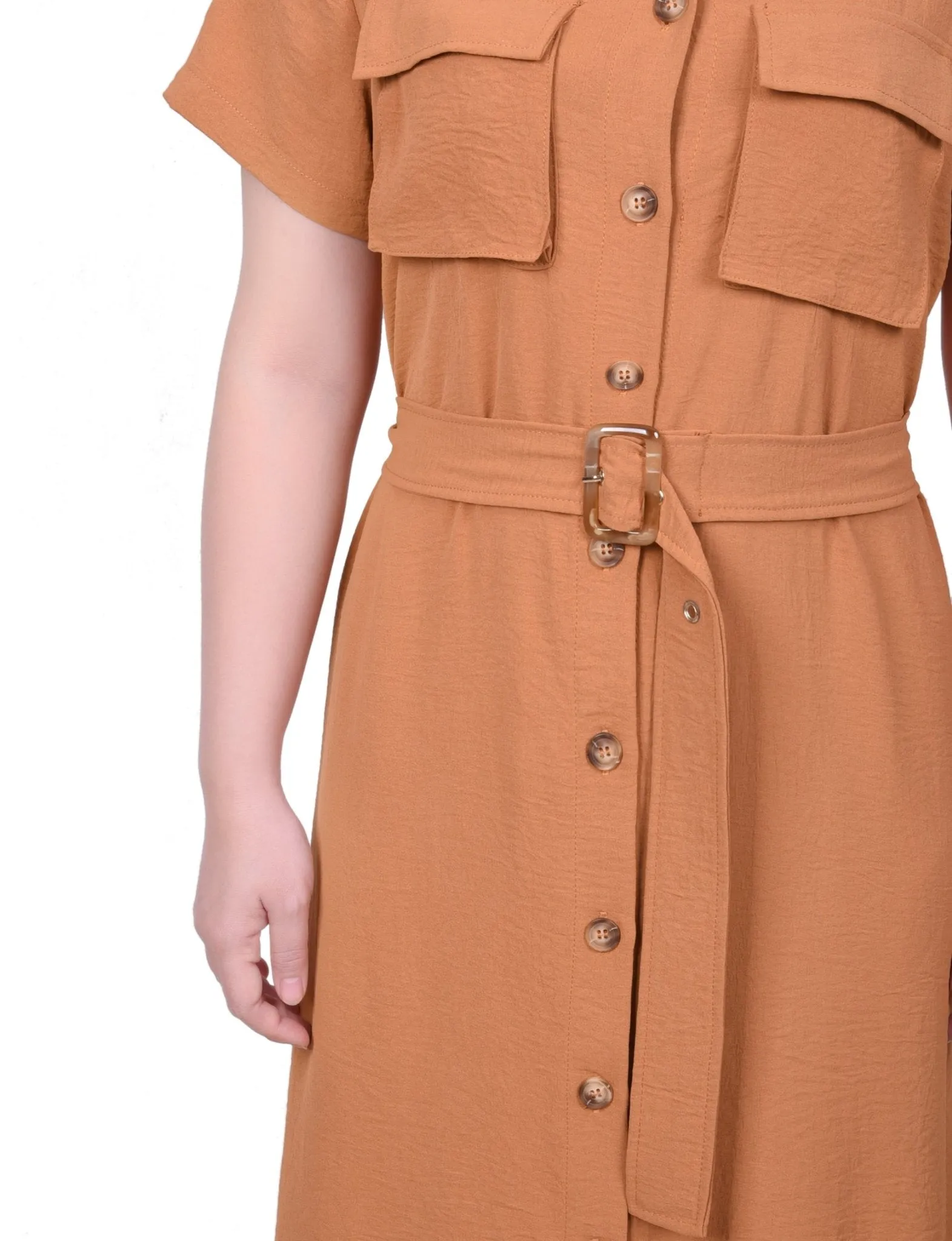 Short Sleeve Belted Shirtdress - Petite