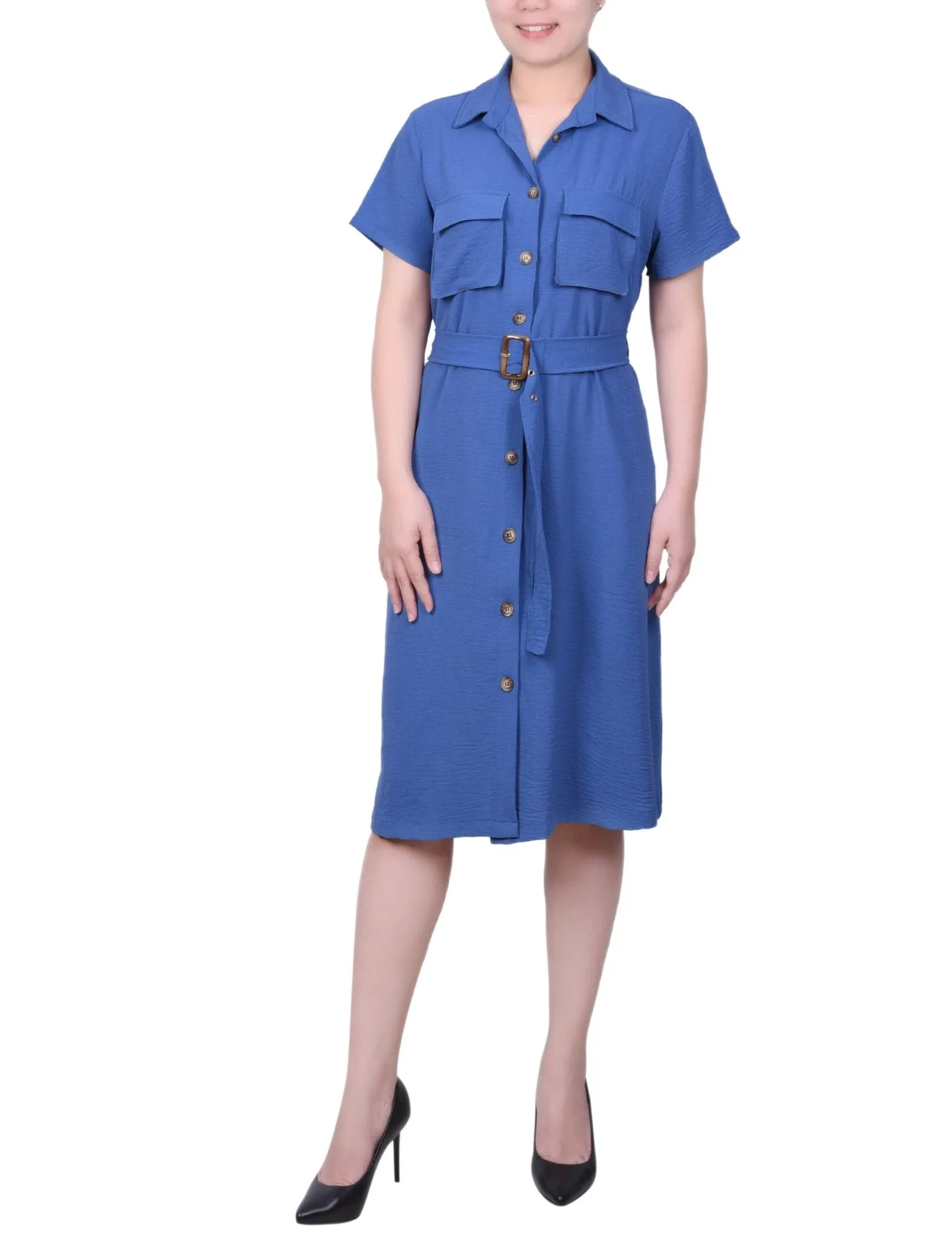 Short Sleeve Belted Shirtdress - Petite