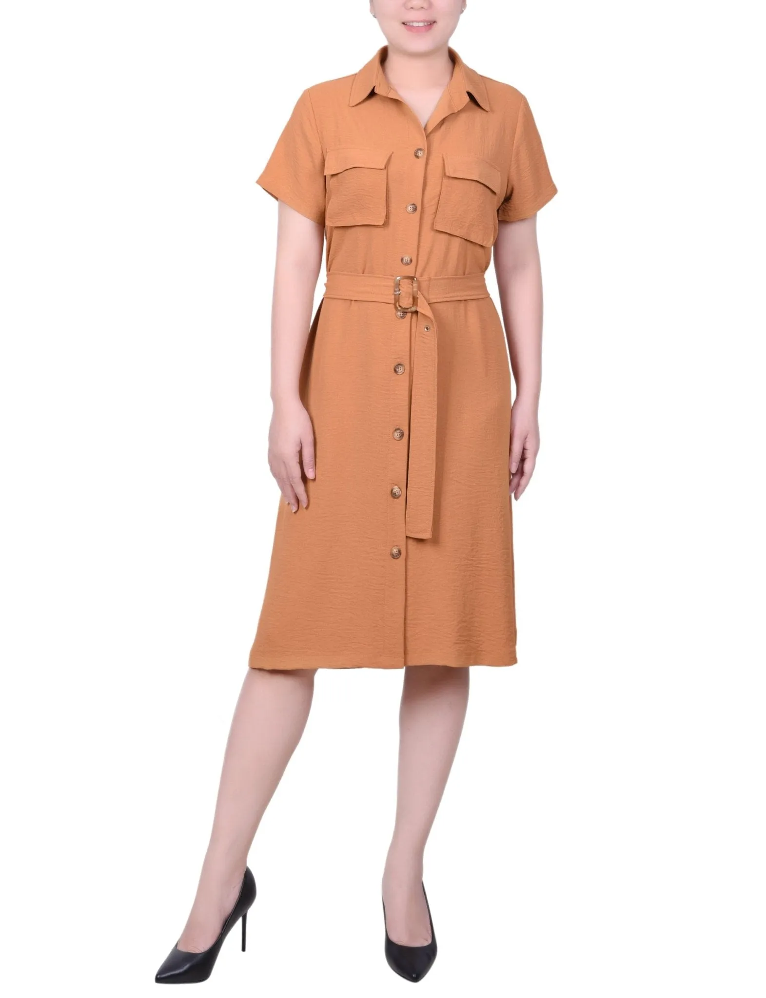 Short Sleeve Belted Shirtdress - Petite