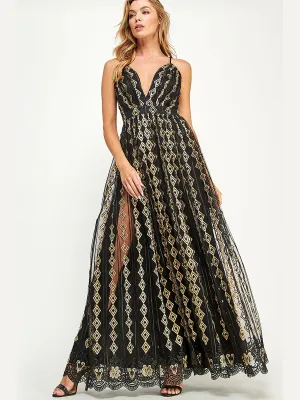 Sleeveless Embroidered Diamond Tulle Maxi Dress