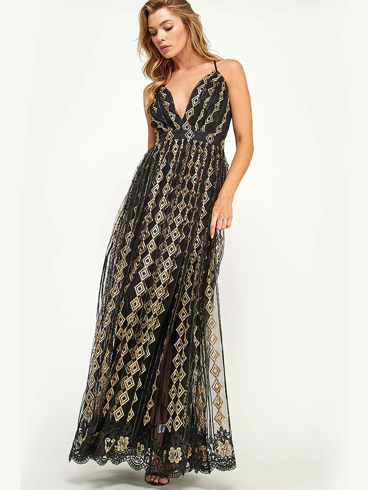 Sleeveless Embroidered Diamond Tulle Maxi Dress