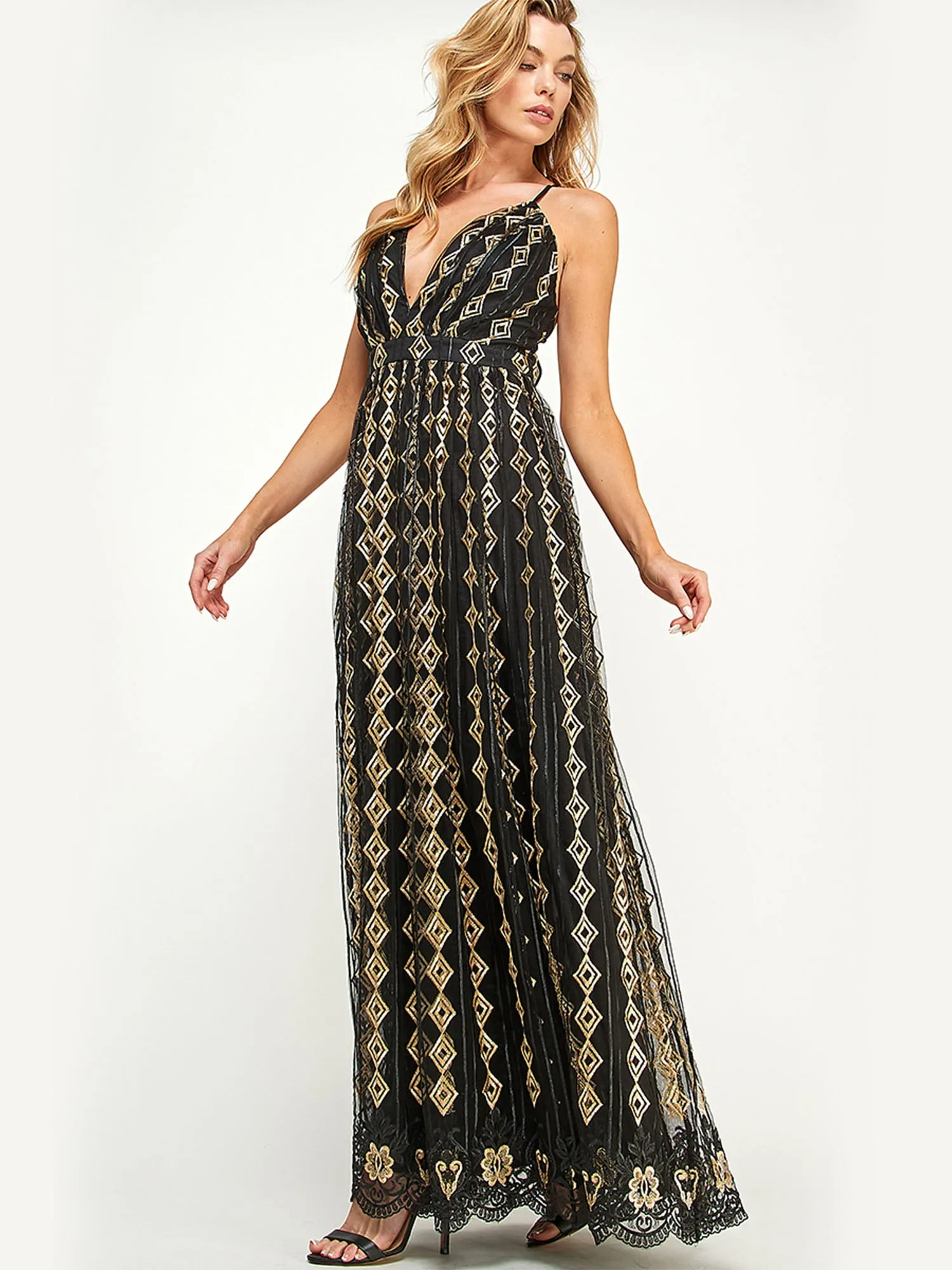 Sleeveless Embroidered Diamond Tulle Maxi Dress