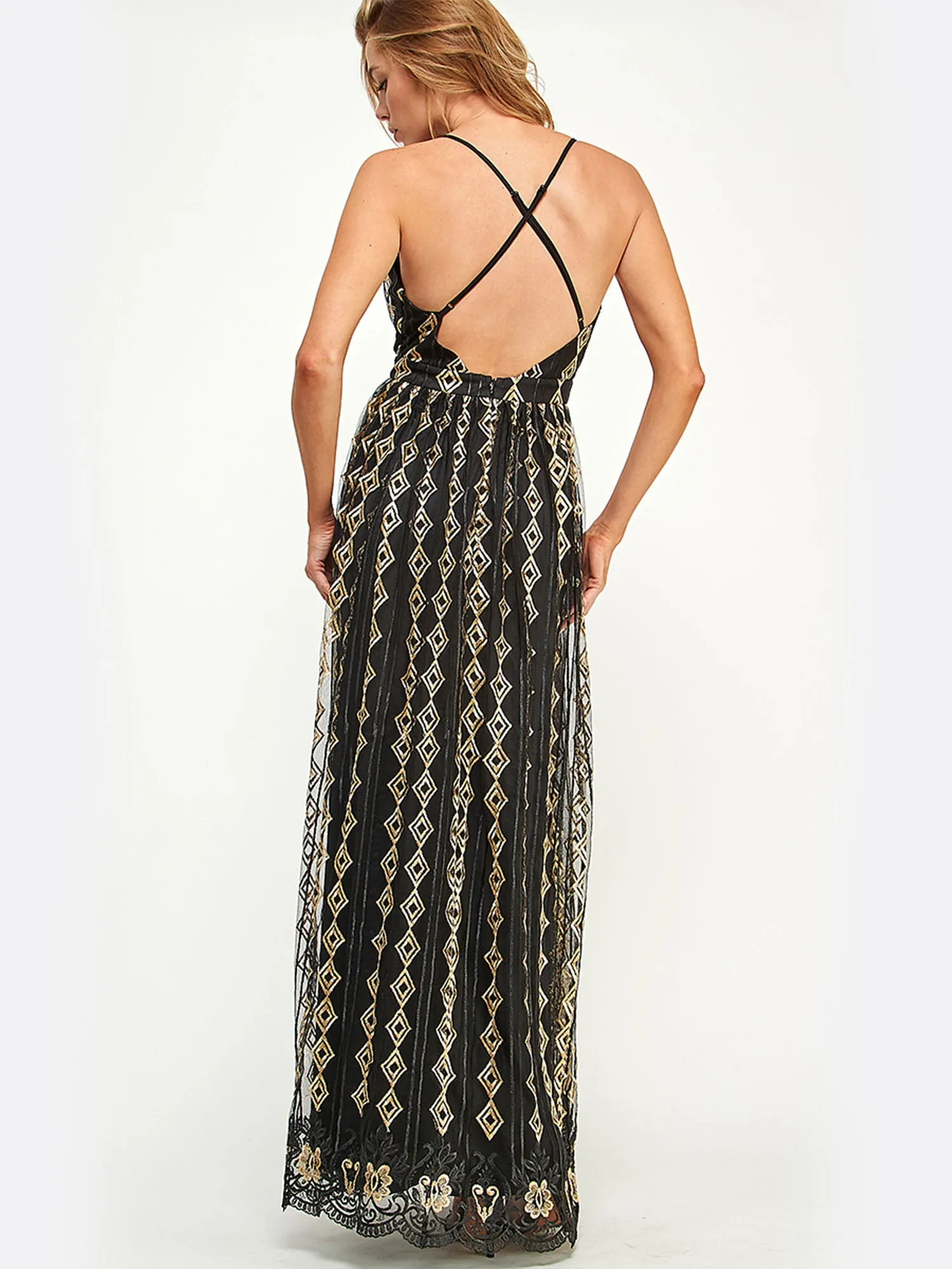 Sleeveless Embroidered Diamond Tulle Maxi Dress