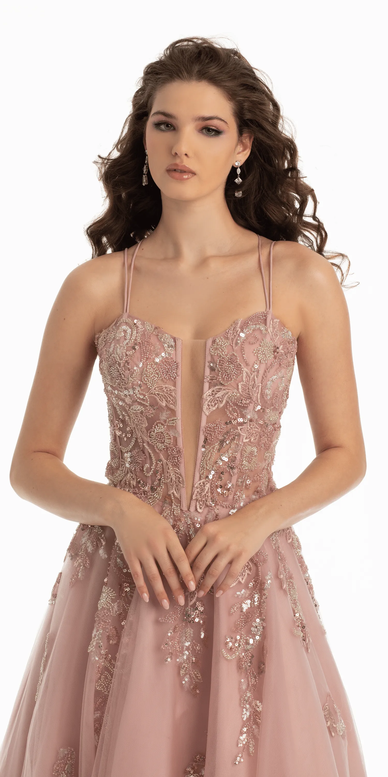 Strappy Lace Up Back Sequin Plunge Tulle Ballgown