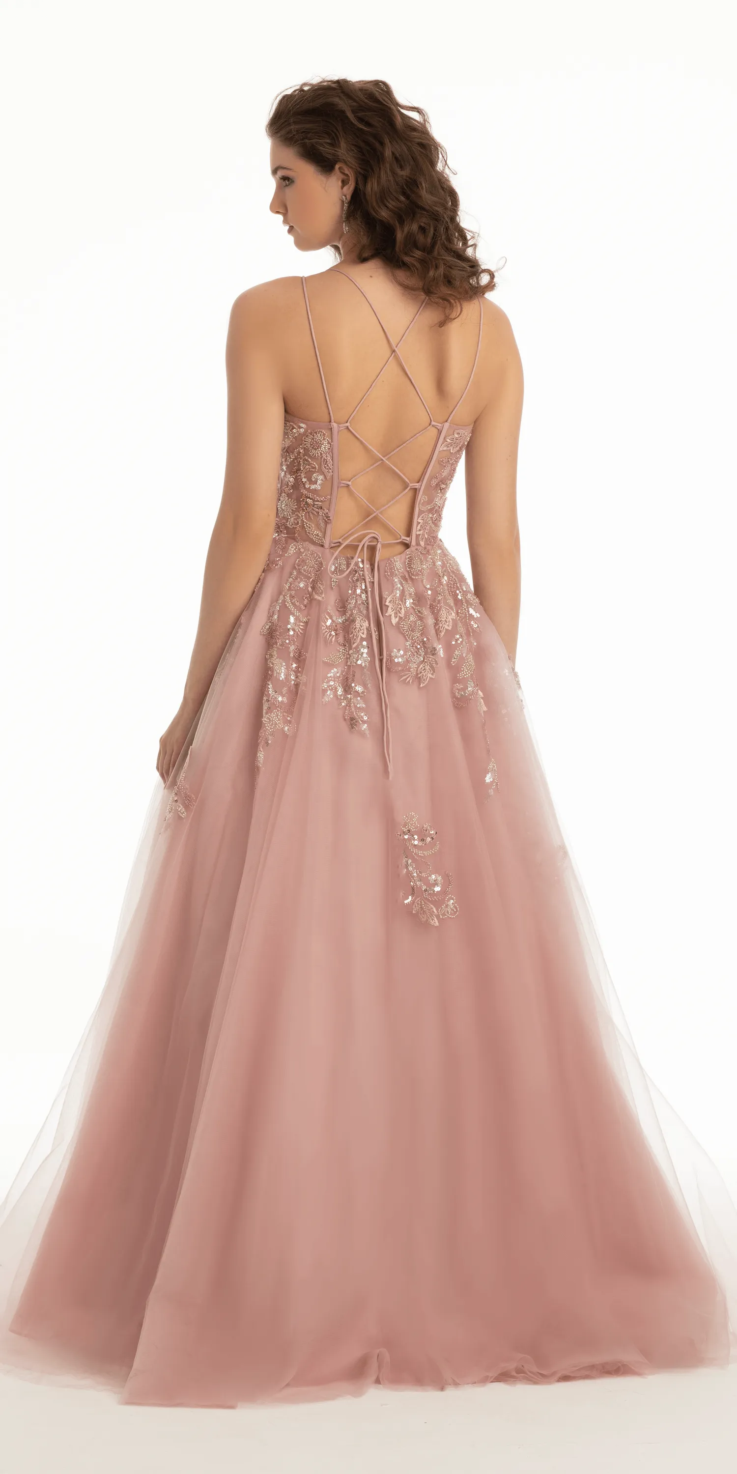 Strappy Lace Up Back Sequin Plunge Tulle Ballgown