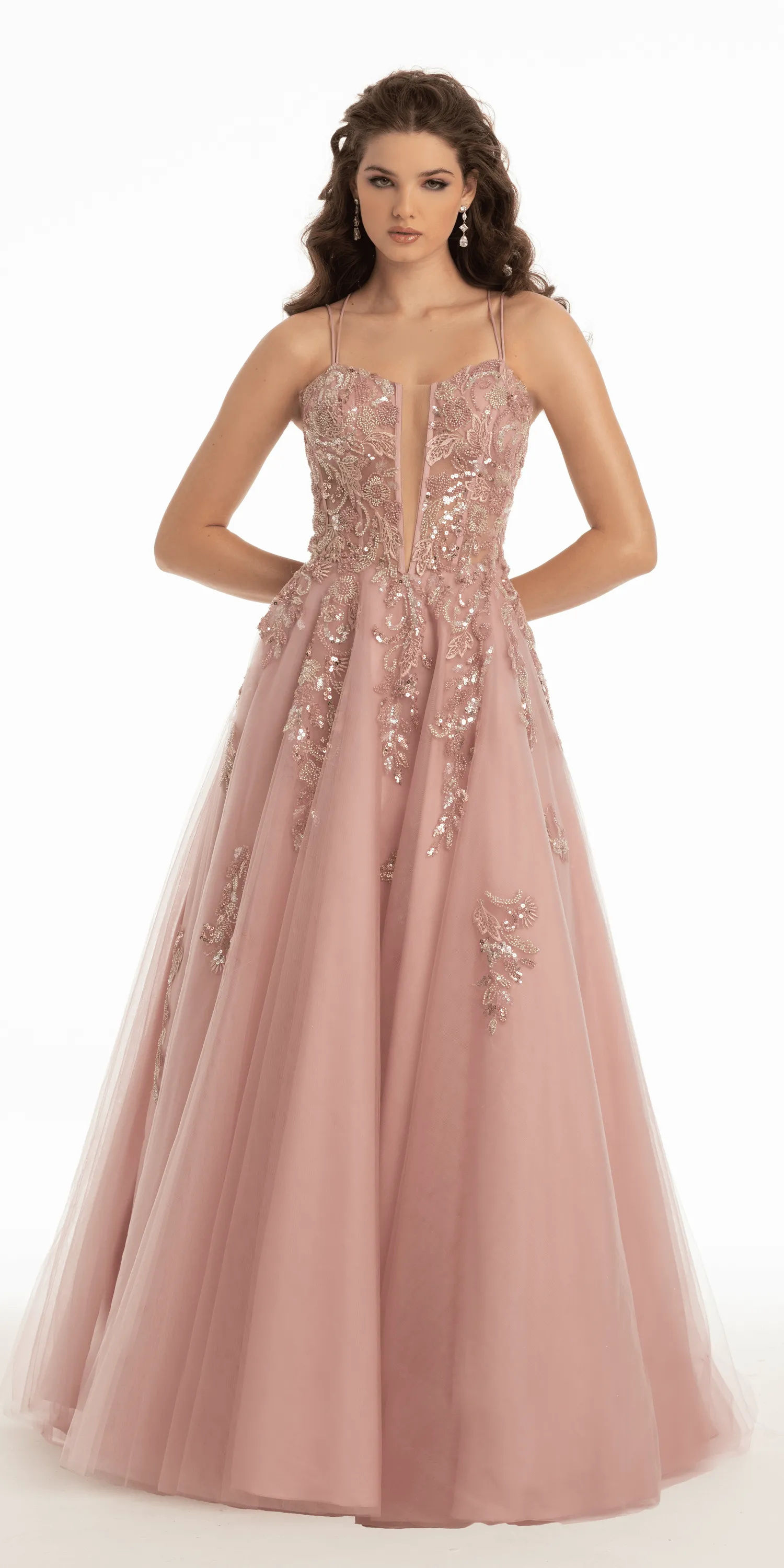 Strappy Lace Up Back Sequin Plunge Tulle Ballgown