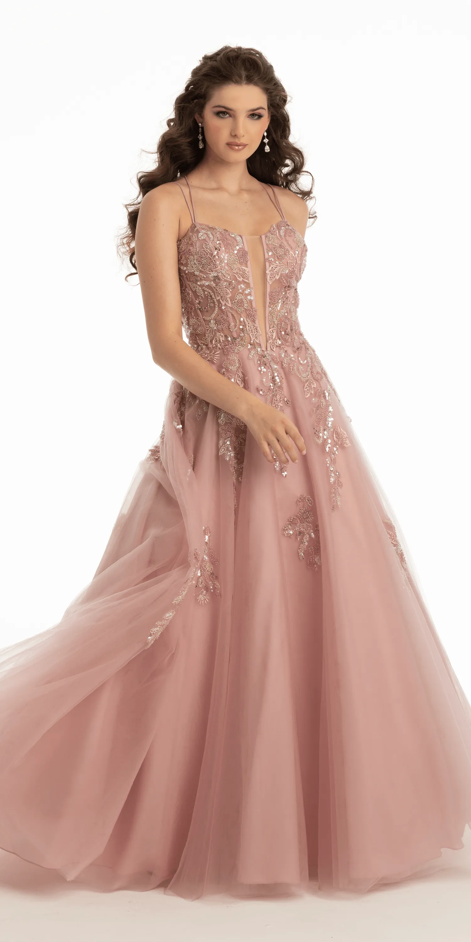 Strappy Lace Up Back Sequin Plunge Tulle Ballgown