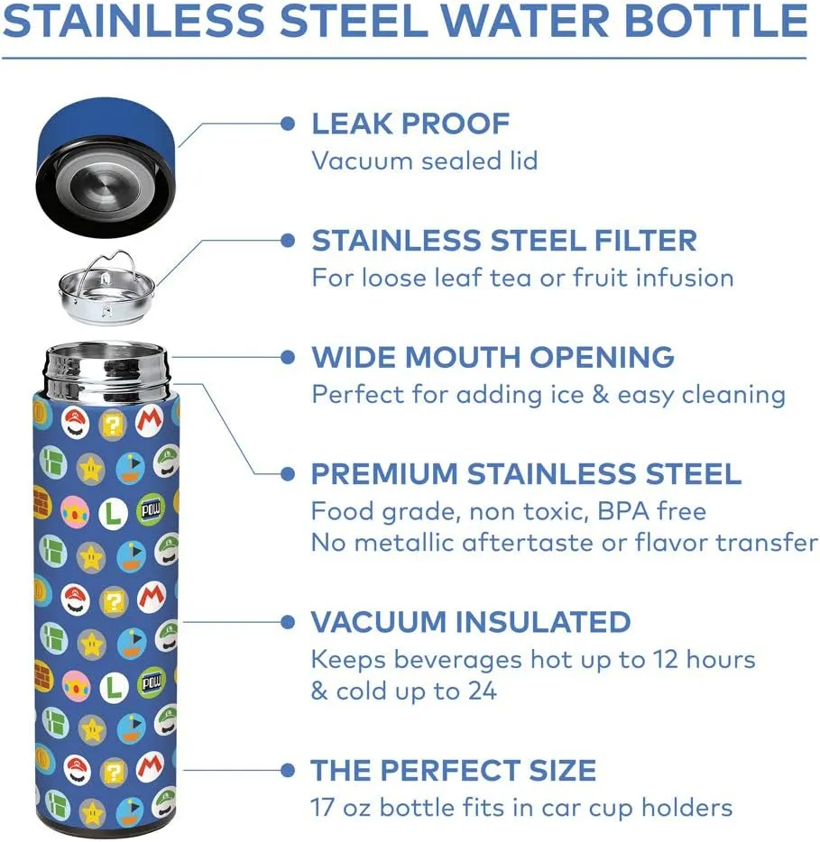 Super Mario Vacuum Insulated Stainless Steel Sport Water Bottle, Leak Proof, Wide Mouth, 17 oz, 500 ML, Mario & Luigi Icons