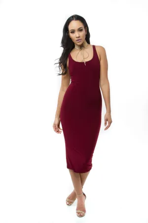 THE MYSTYLEMODE BURGUNDY ESSENTIAL VENEZIA DOUBLE LINED TANK MIDI DRESS