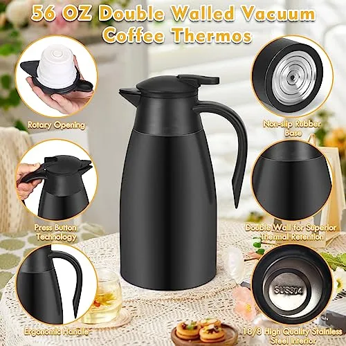 Thermal Coffee Carafe Stainless Steel Double Walled Vacuum Coffee Thermos Water Beverage Dispenser 12 Hour Heat Retention/24 Hour Cold Retention (Black, 1.6L)