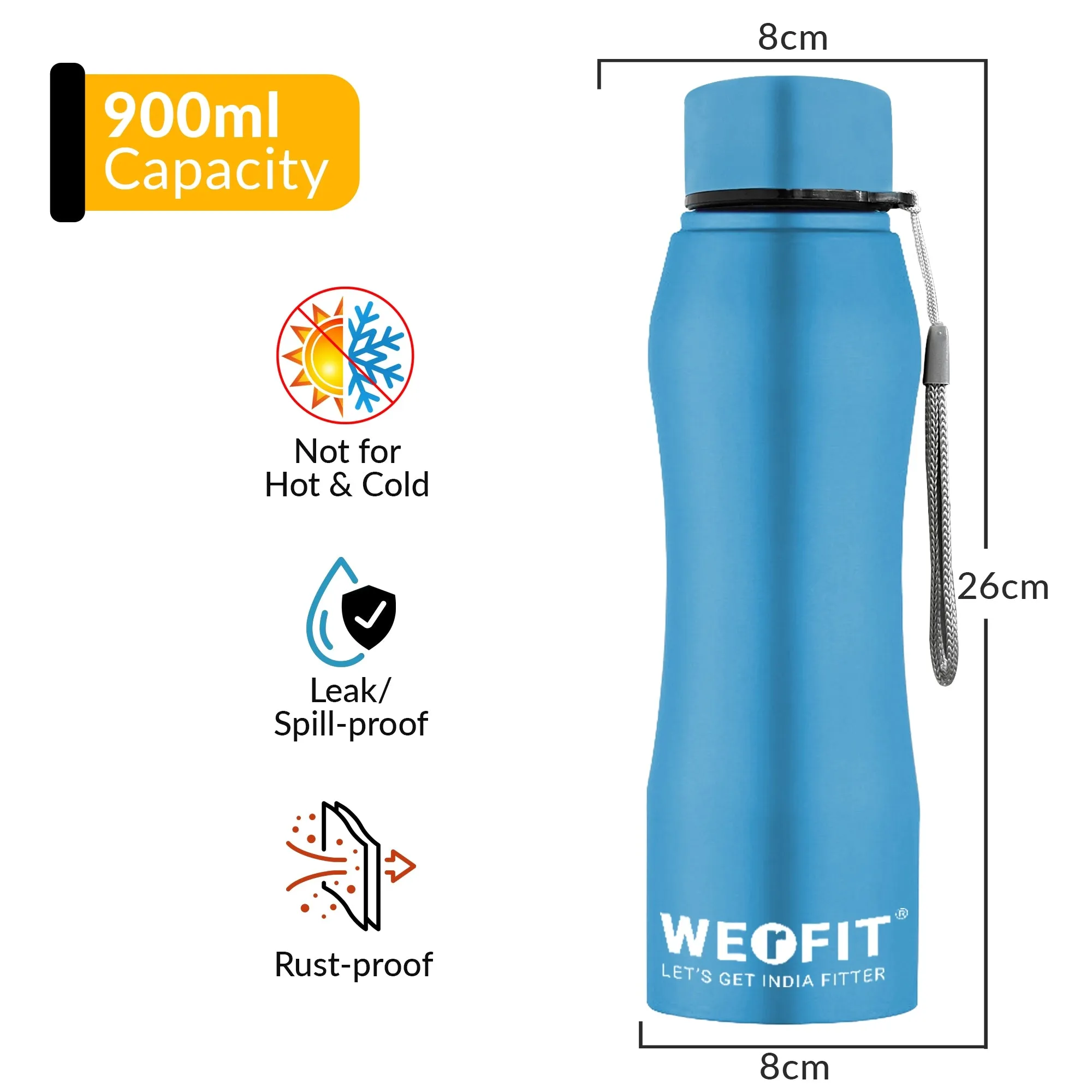 WErFIT Stainless Steel Water Bottle for Gym Park Cycling Yoga Office School Sports 900 ml Shaker  (Pack of 1, Blue, Steel)