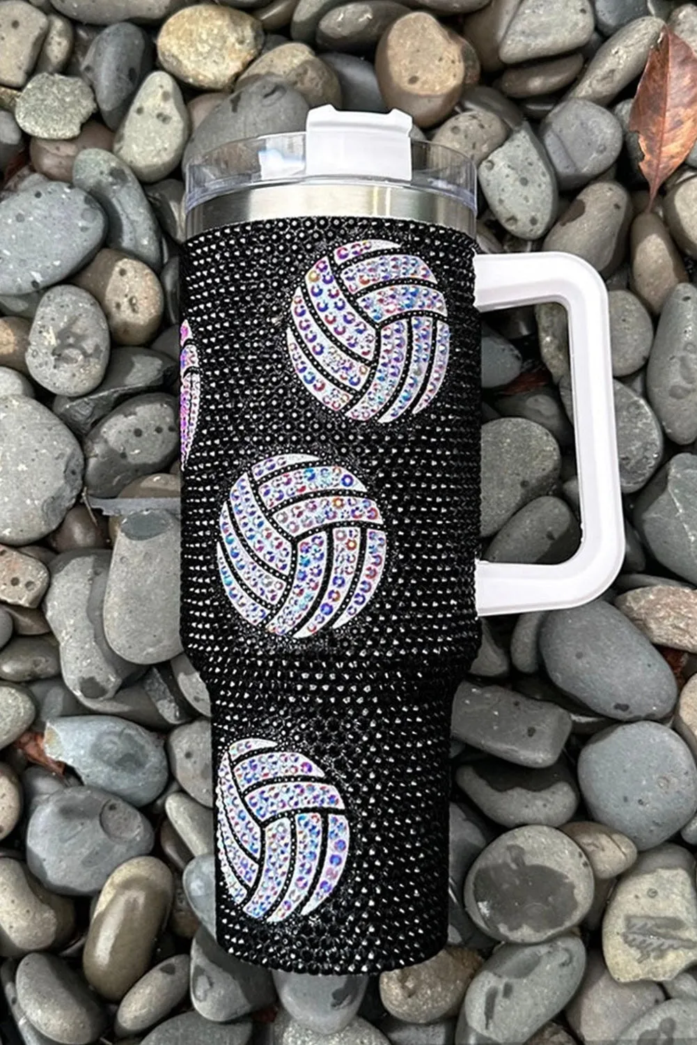 White 40Oz Rhinestone Volleyball Tumbler Cup with Handle