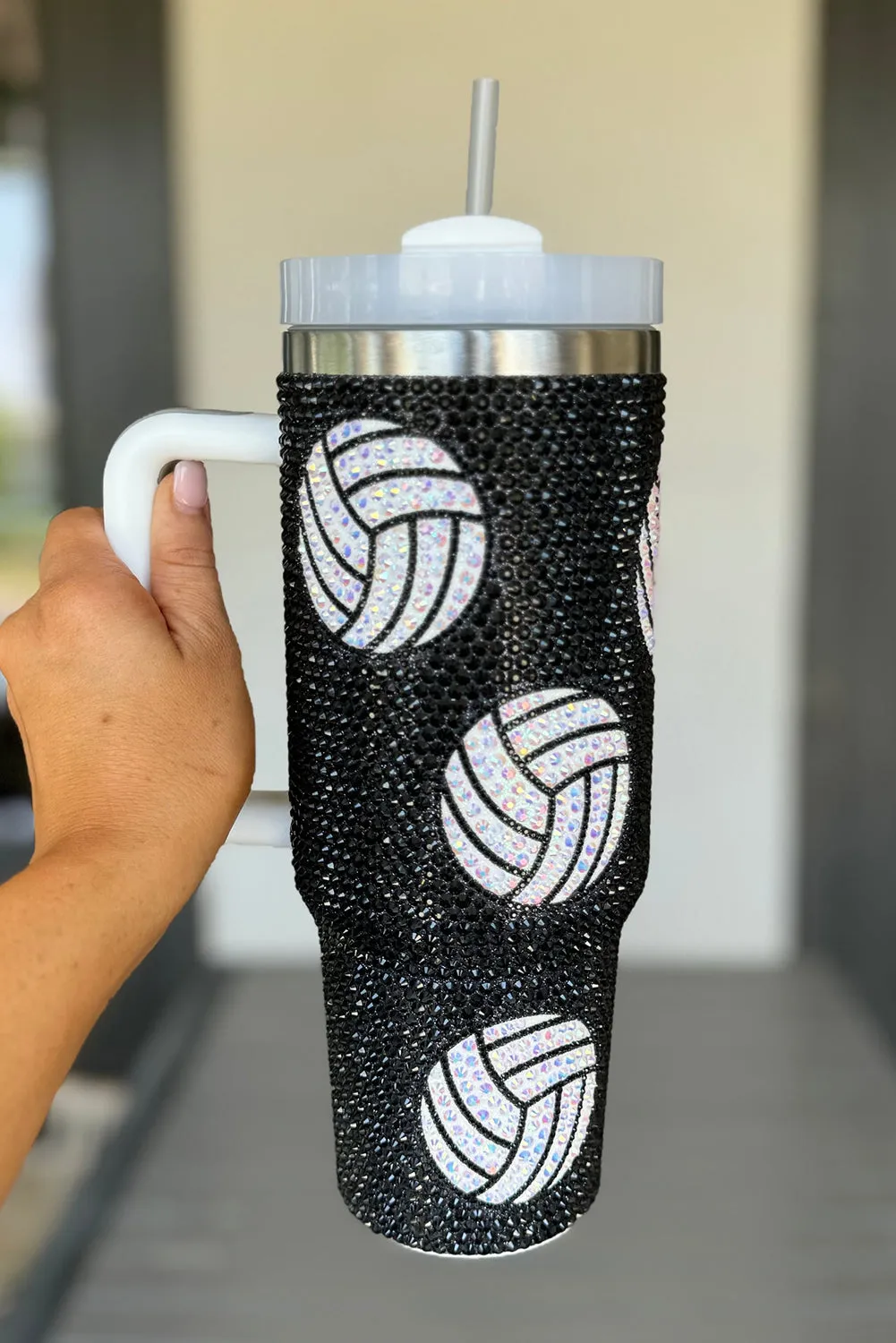 White 40Oz Rhinestone Volleyball Tumbler Cup with Handle