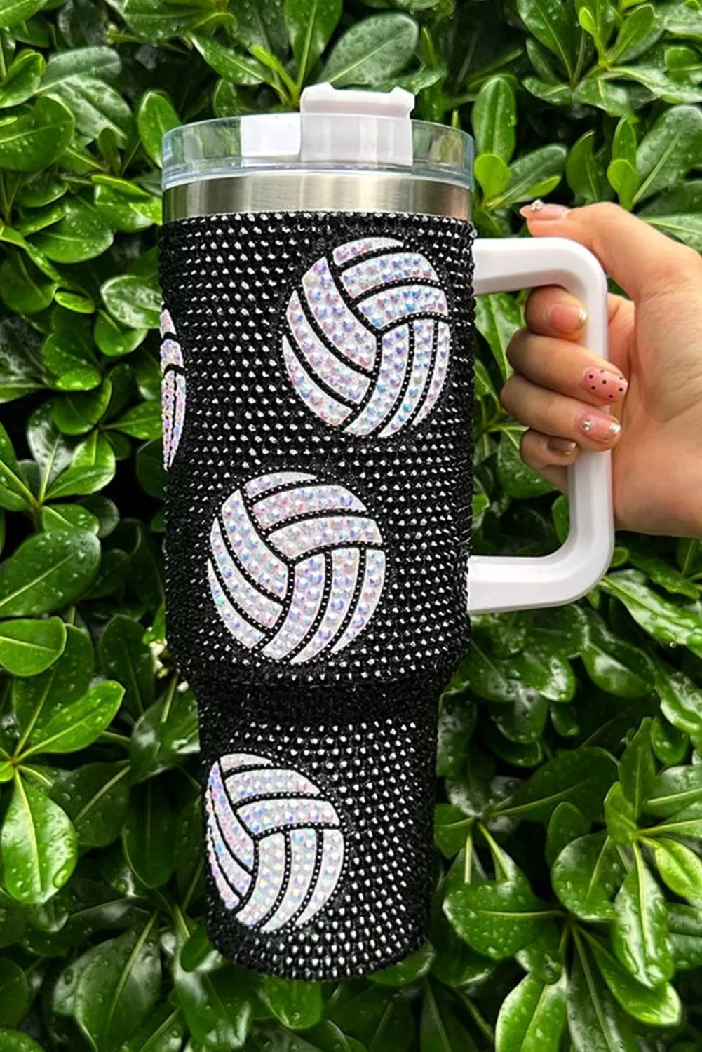 White 40Oz Rhinestone Volleyball Tumbler Cup with Handle