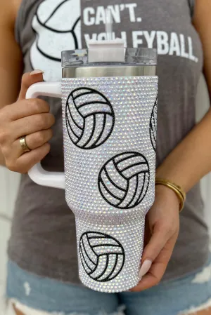 White 40Oz Rhinestone Volleyball Tumbler Cup with Handle