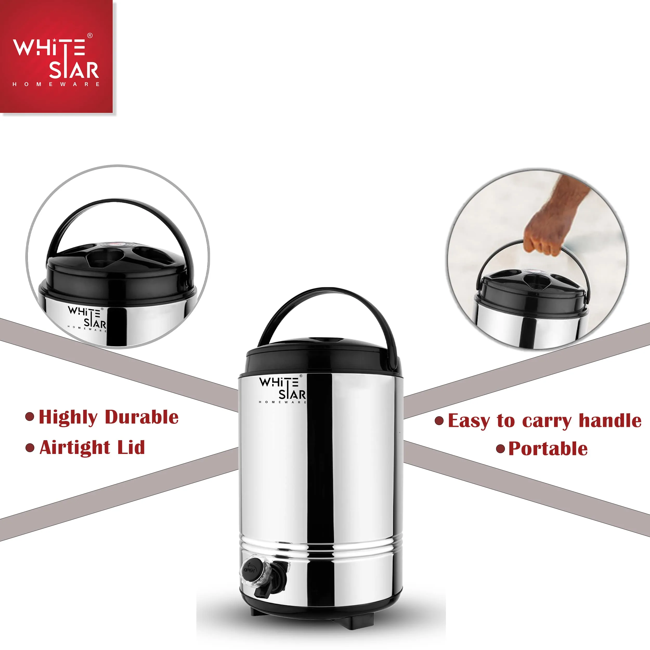 WHITESTAR Insulated Hot and Cold Water Containers with Tap 10 Liters I Double Walled Vaccum Flask, Water Jug for Office Home Kitchen, Keeps Tea/Water/Coffee Hot and Cold Upto 4-5 Hours