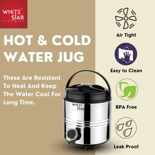 WHITESTAR Insulated Water Dispenser for Office Home Kitchen 3 Liter, Silver, Double Walled Stainless Steel I Hot and Cold Water Jug with Sturdy Handle I BPA Free I Steel Office Water Jug/Dispenser