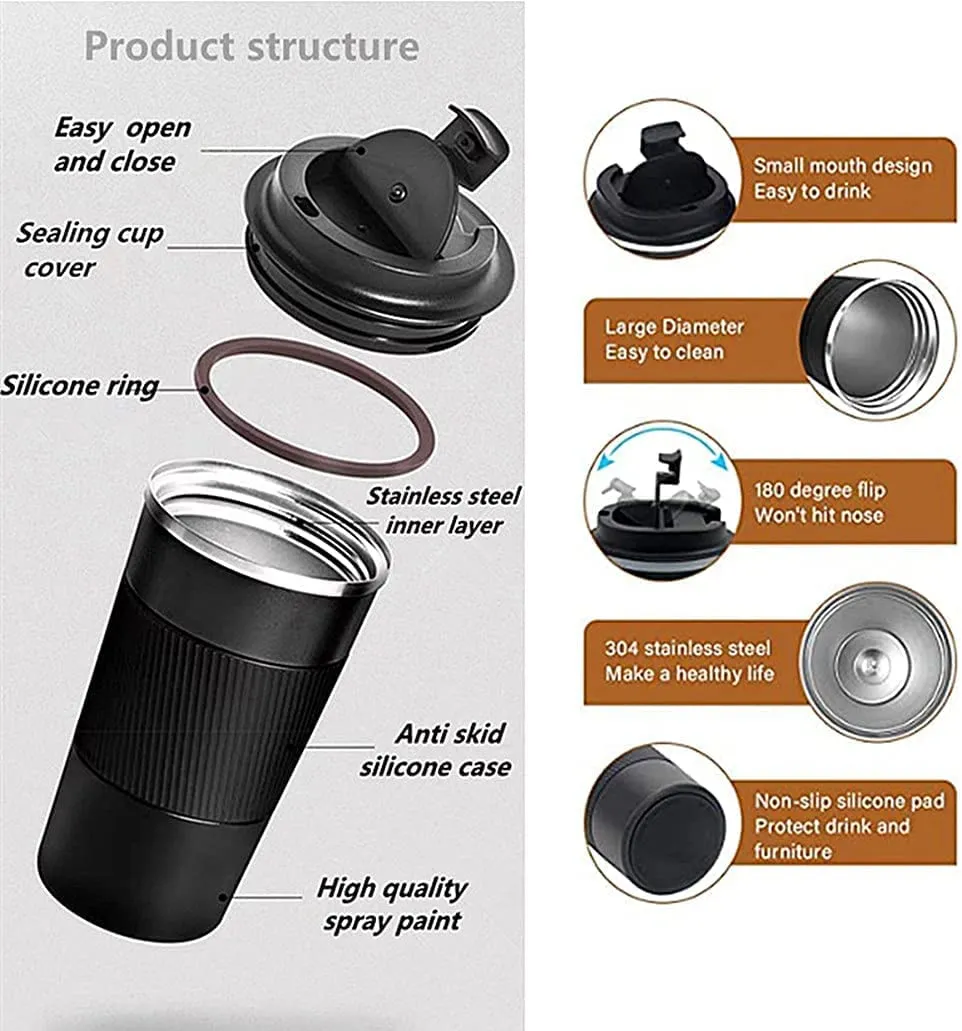 Wosta Travel Mug, Insulated Coffee Cup with Leakproof Lid,Vacuum Insulation Stainless Steel Reusable for Hot Cold Coffee,Tea, Thermal Mug with Non-Slip (Black, 510 Ml)