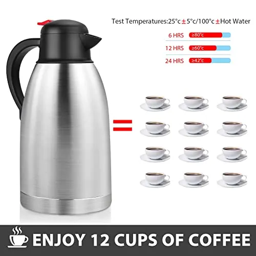 Yummy Sam Thermal Coffee Carafe Stainless Steel 68oz(2 Lifter) Double Walled Vacuum Coffee Thermos Water Beverage Dispenser 12 Hour Heat Retention/24 Hour Cold Retention (Light Silver)