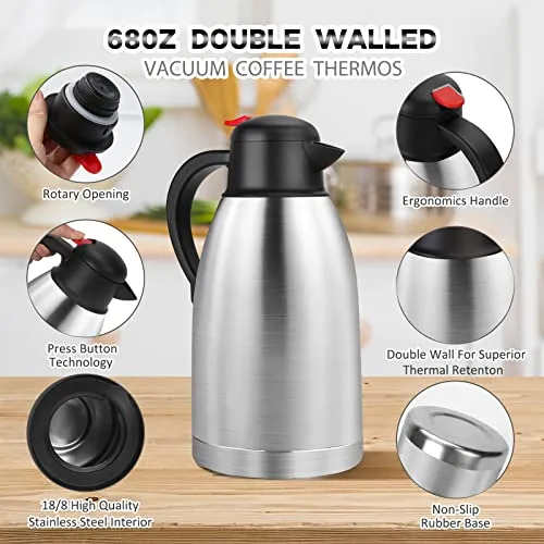 Yummy Sam Thermal Coffee Carafe Stainless Steel 68oz(2 Lifter) Double Walled Vacuum Coffee Thermos Water Beverage Dispenser 12 Hour Heat Retention/24 Hour Cold Retention (Light Silver)